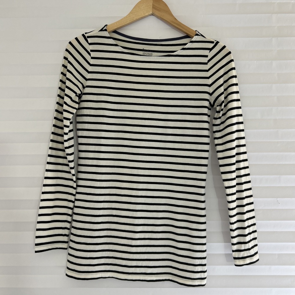 Boden Womens T Shirt Top Sz 2 Long Sleeve Scoop Neck Cotton Striped Beige Black